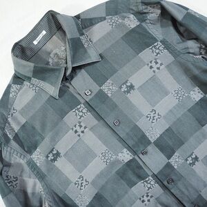 Bugatchi Sz L Shaped Fit Gray and Charcoal Patterned Dress Shirt 100% Cotton